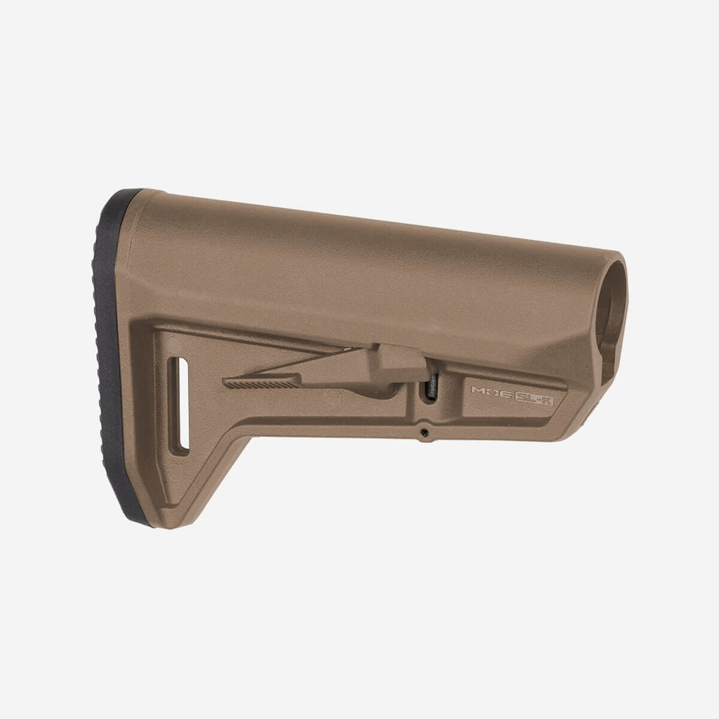 Brown rifle stock with black accents on a white background
