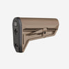 Brown rifle stock with black grip on a white background