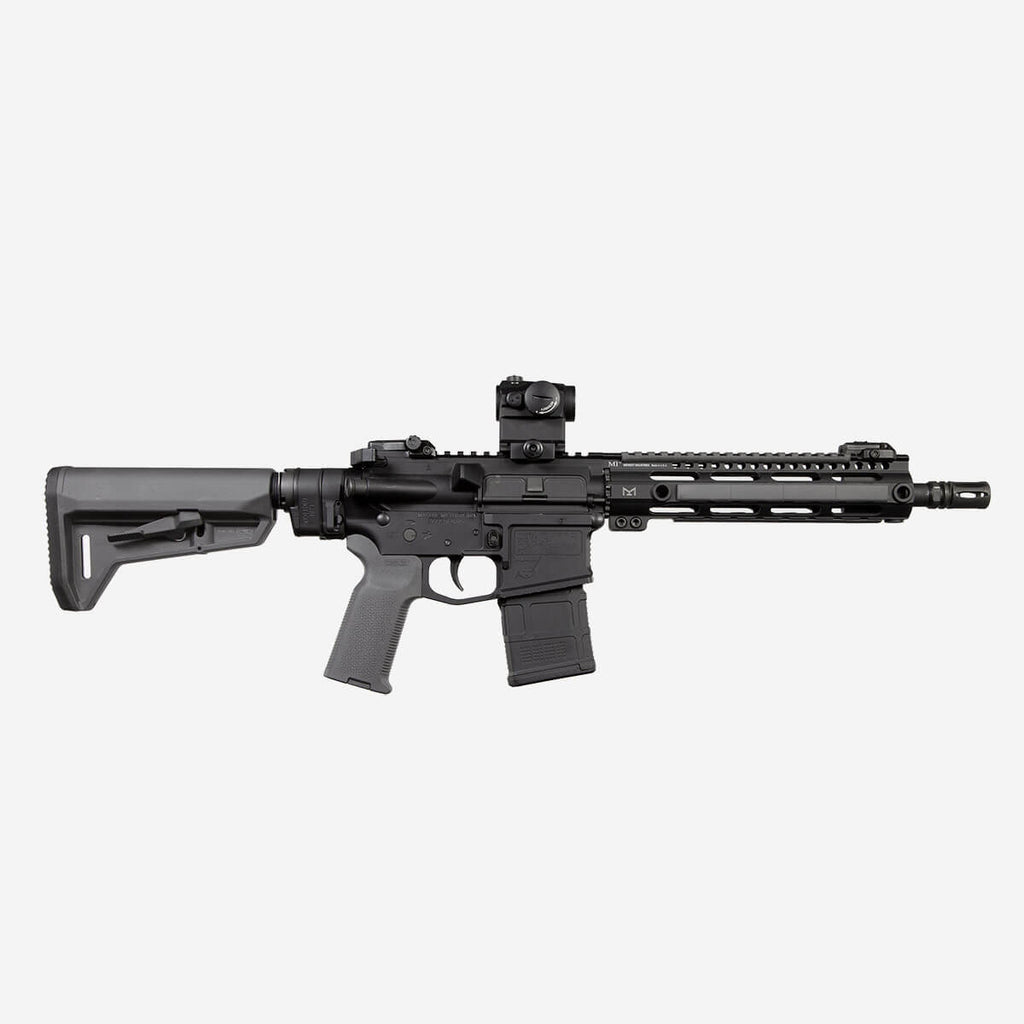 Black rifle with scope on a white background
