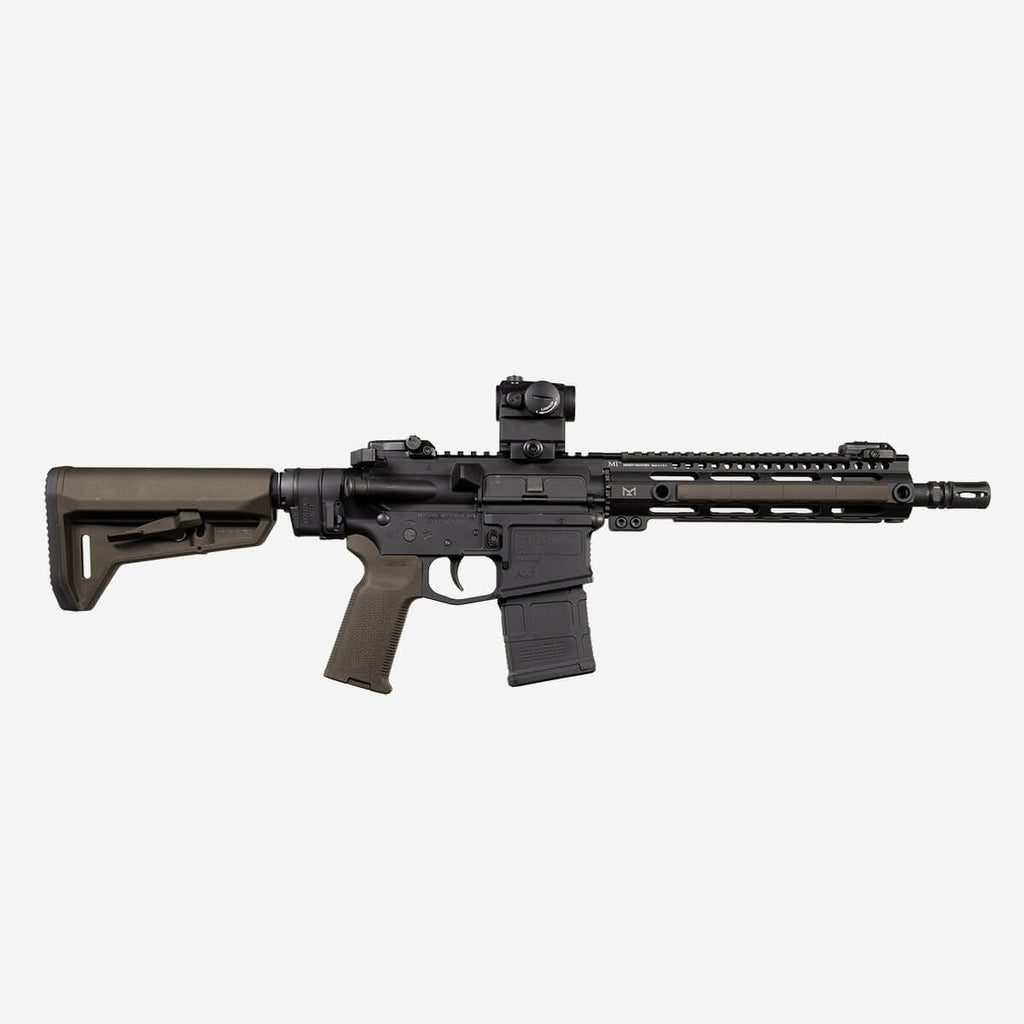 Black rifle with scope on a white background