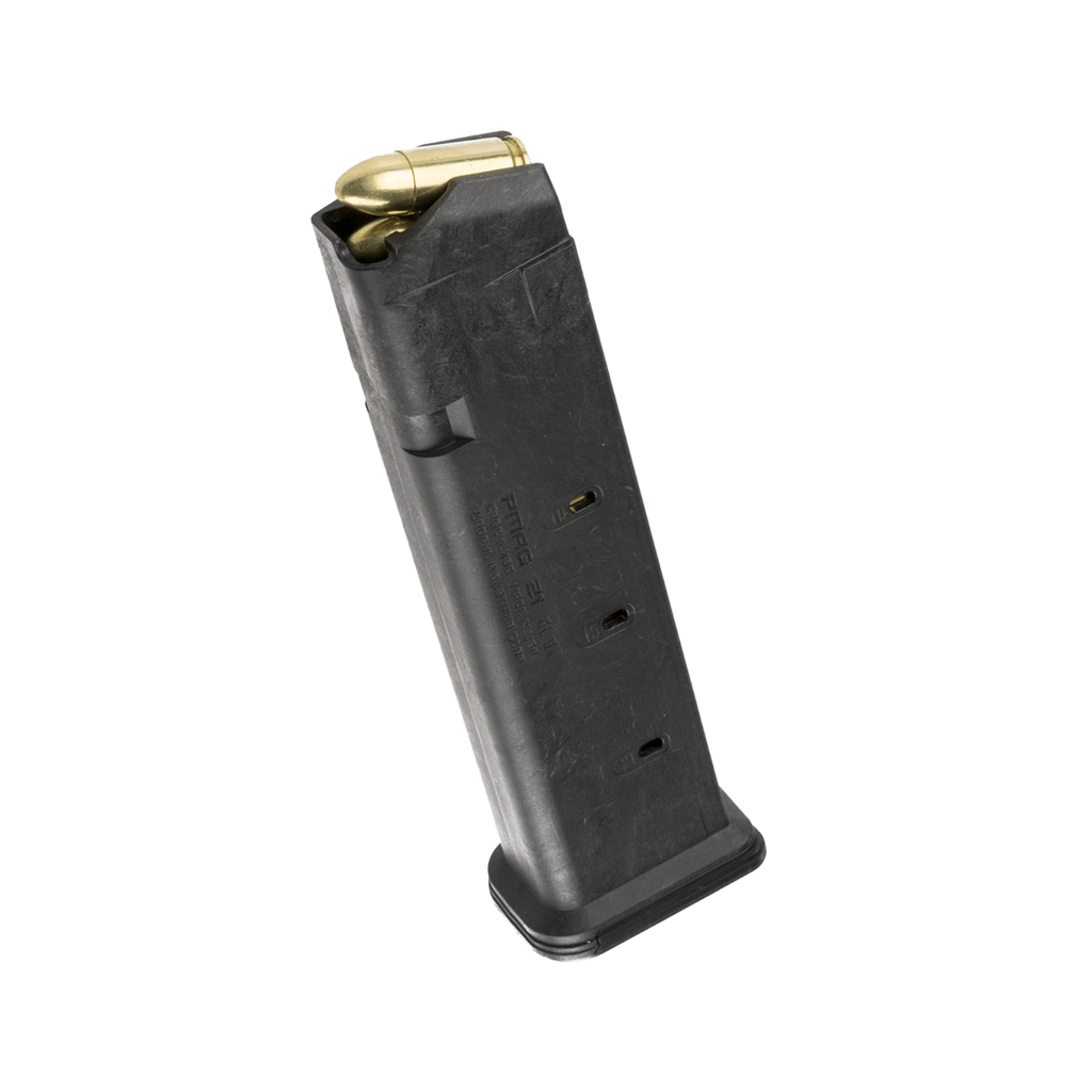 Black firearm magazine with a gold bullet on a white background