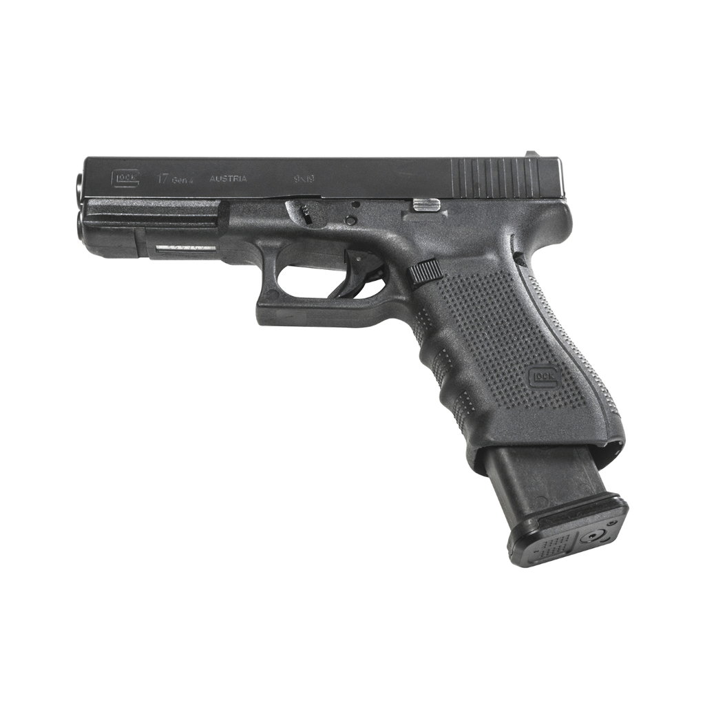 Black handgun with magazine on a white background