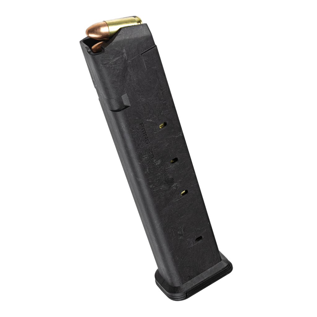 Black gun magazine with a bullet on a white background