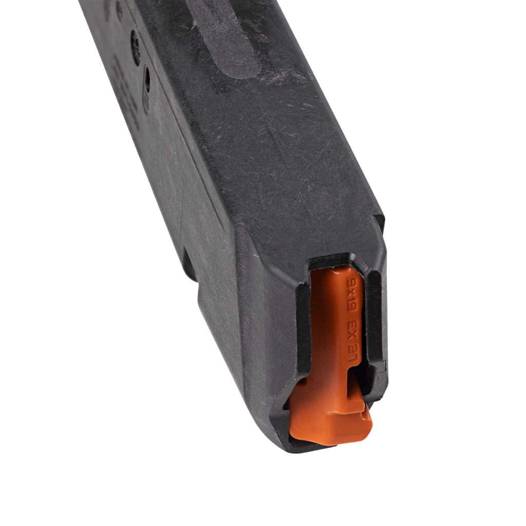 Close-up of a black gun magazine with an orange follower on a white background