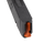 Close-up of a black gun magazine with an orange follower on a white background