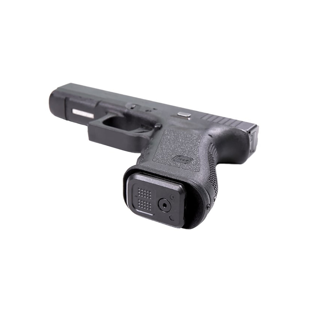 Black handgun on a white background
