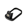 Black metal component with a gold screw on a white background