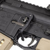 Close-up of a rifle with visible branding on a white background