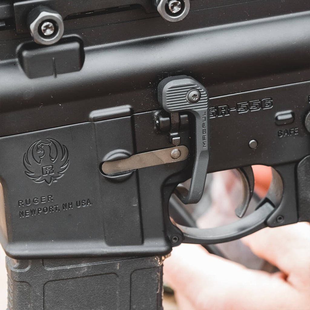 Close-up of a Ruger firearm with visible branding.
