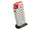 Metal gun magazine with red loading tool on a white background