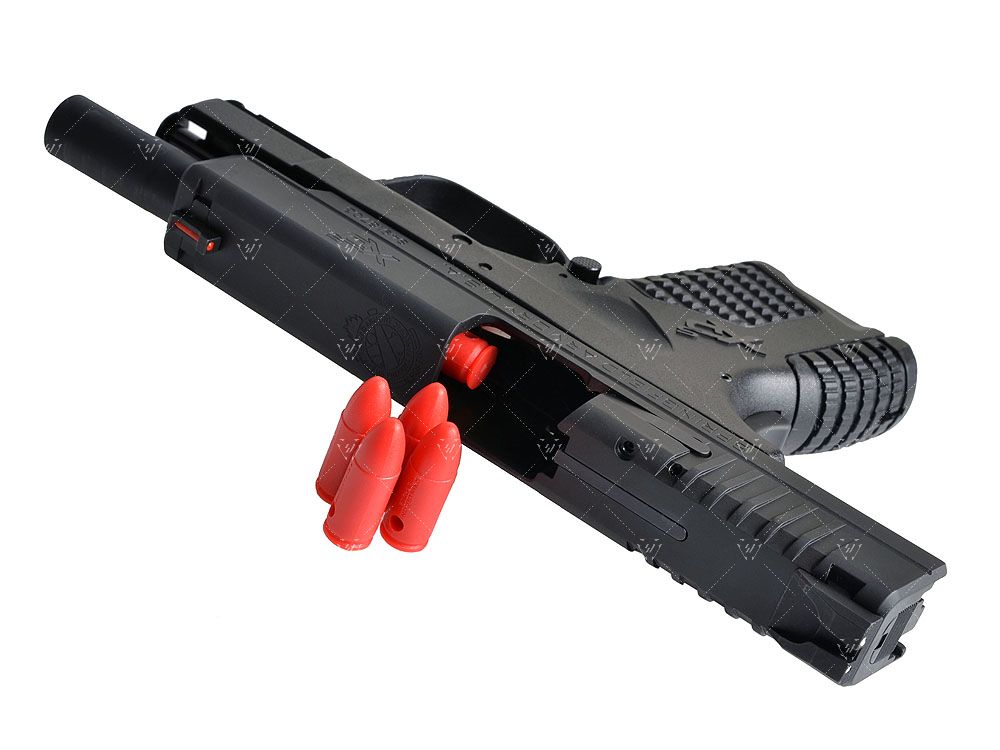 Black and red toy gun on a white background