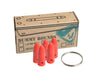Box of dummy rounds with red plastic rounds and a keychain on a white background