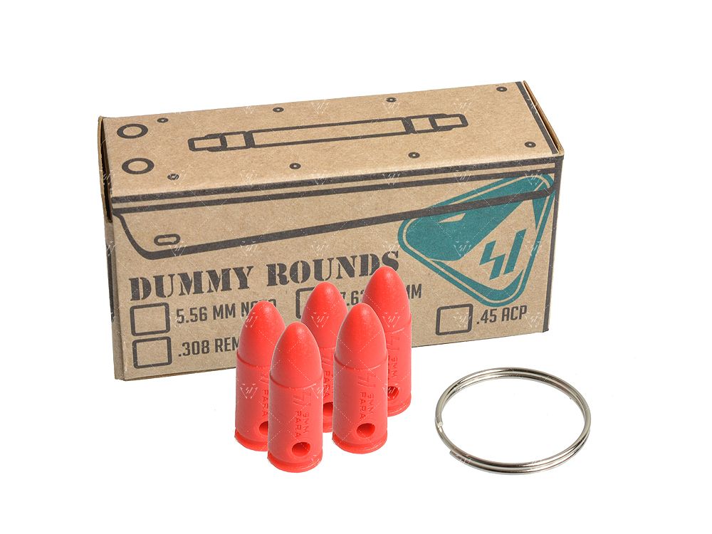 Box of dummy rounds with red plastic rounds and a keychain on a white background
