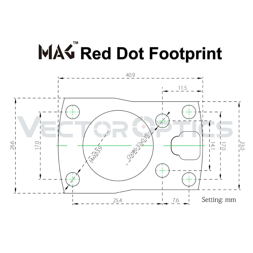 Technical drawing of a Red Dot Footprint with dimensions and specifications, branded by Vector Optics.