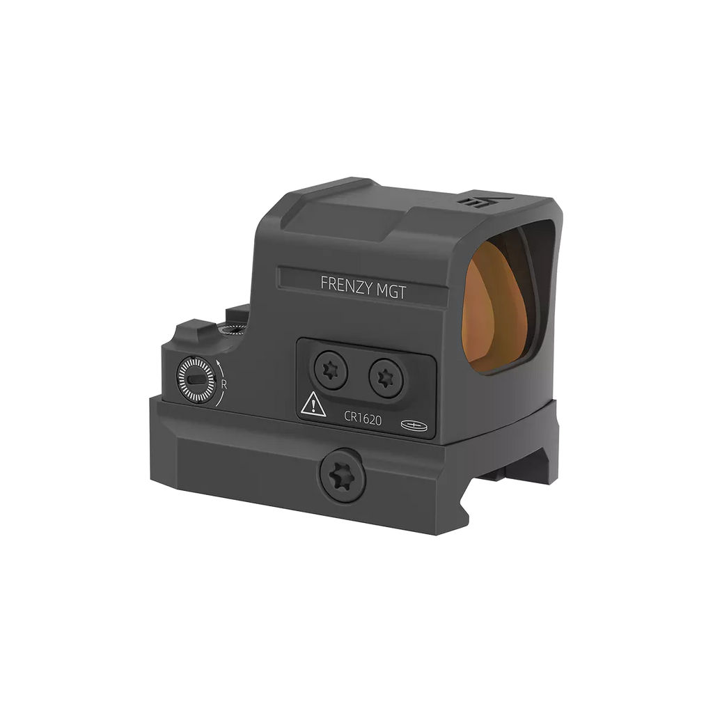 Black tactical sight with 'FRENZY MGT' branding on a white background