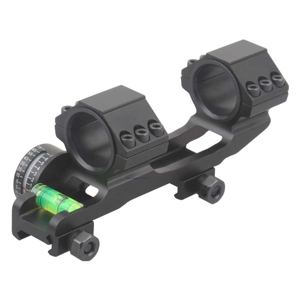 Black rifle scope with adjustable rings on a white background