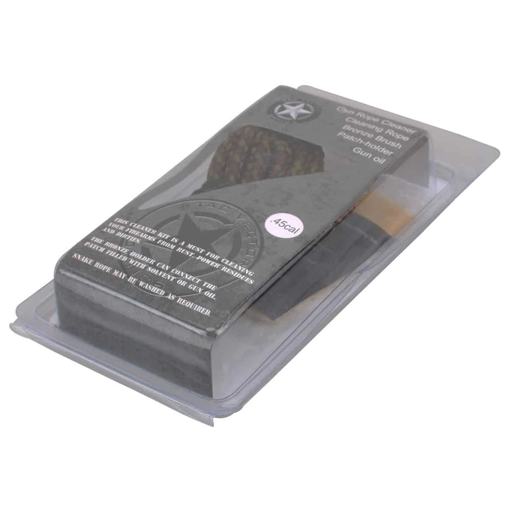 Gun cleaning kit with a brush and cloth in clear packaging on a white background