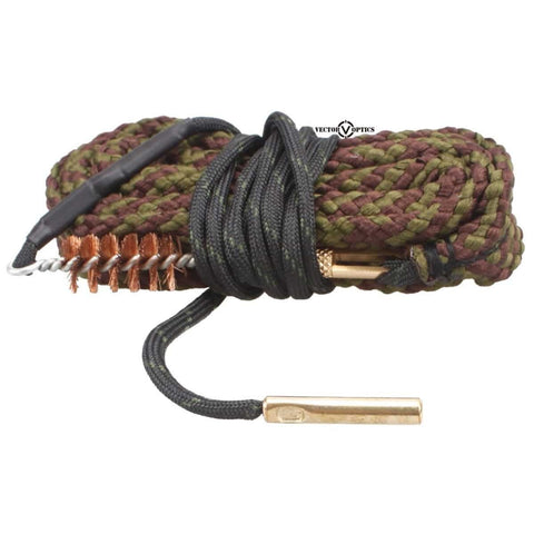 Bore cleaning rod with braided rope and brass ends on a white background