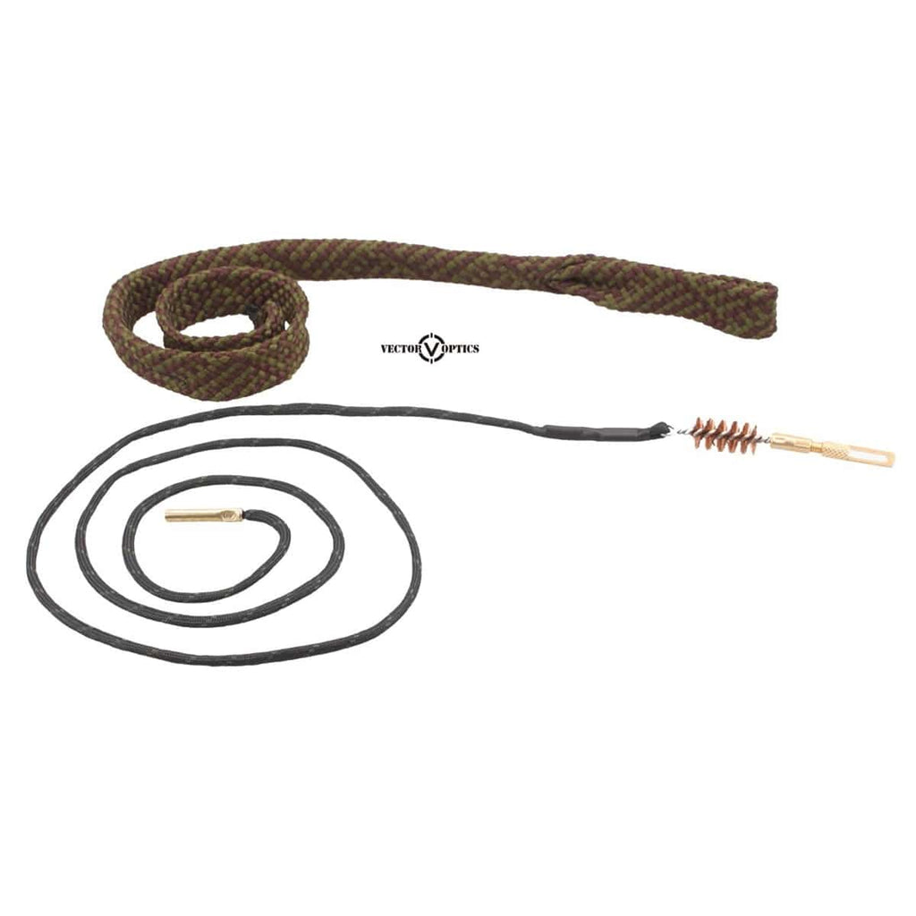 Rifle cleaning kit with a brush and rope on a white background