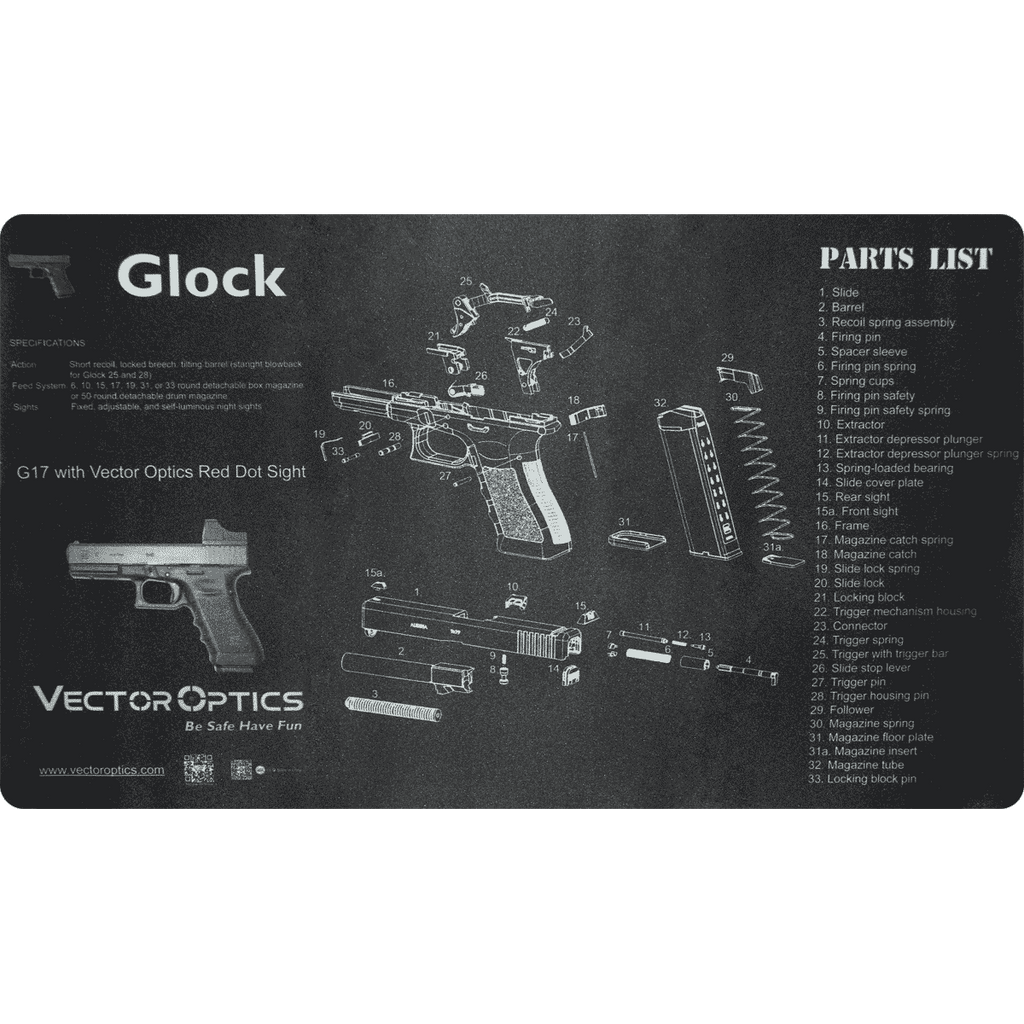 Glock gun diagram and parts list on a black mat with Vector Optics branding.