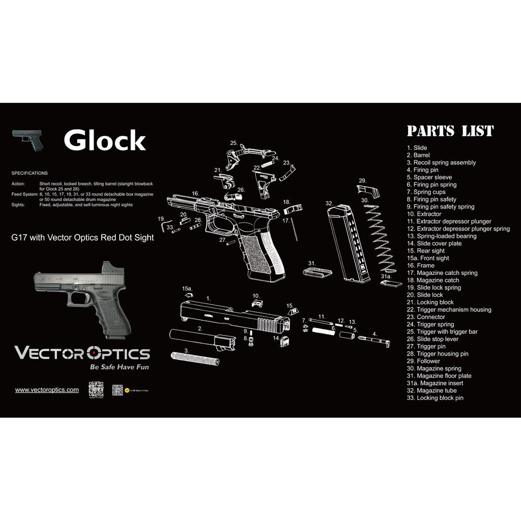 Technical diagram of a Glock pistol with parts list on a black background