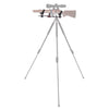 Tripod with a rifle mounted on top against a white background