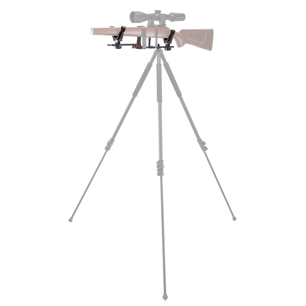 Tripod with a rifle mounted on top against a white background