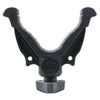 Black adjustable fishing reel holder on a white background
