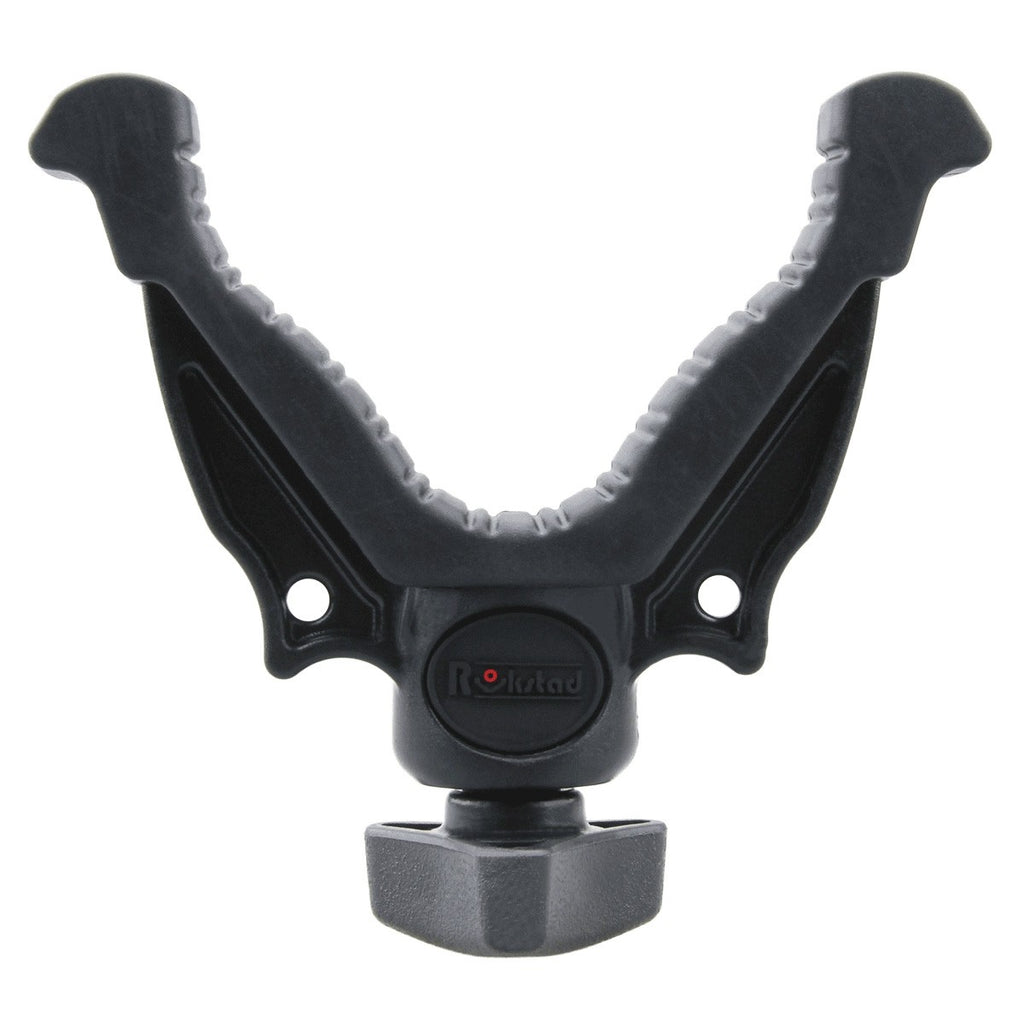 Black adjustable fishing reel holder on a white background