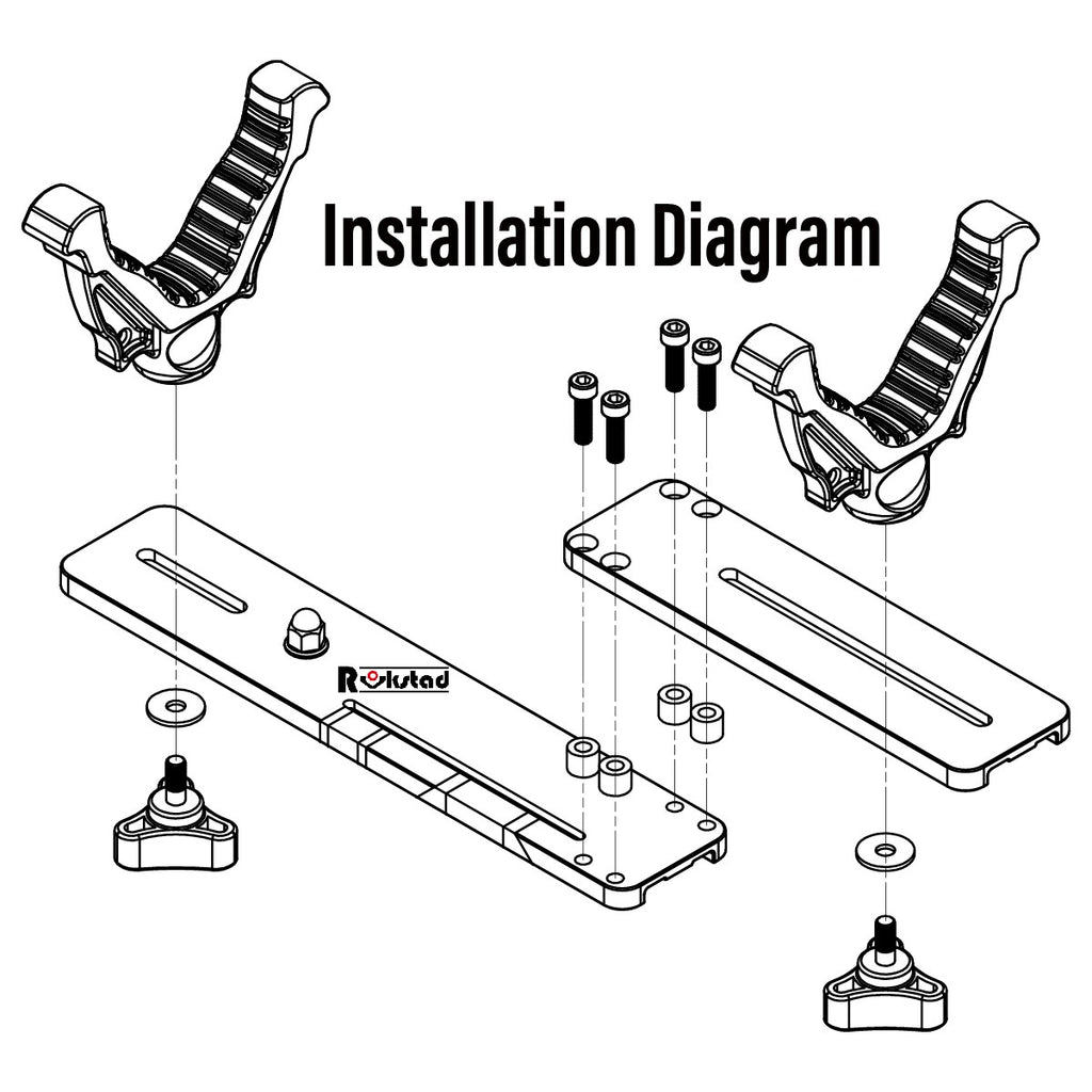Installation diagram of mechanical components with visible brand 'Rovus' on a white background.