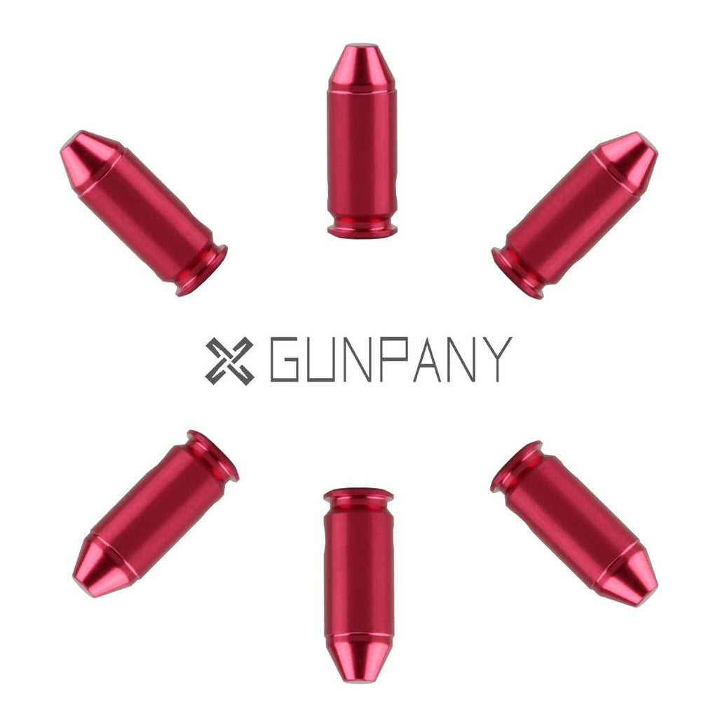 Red metallic bullet-shaped objects on a white background with 'GUNPANY' branding.
