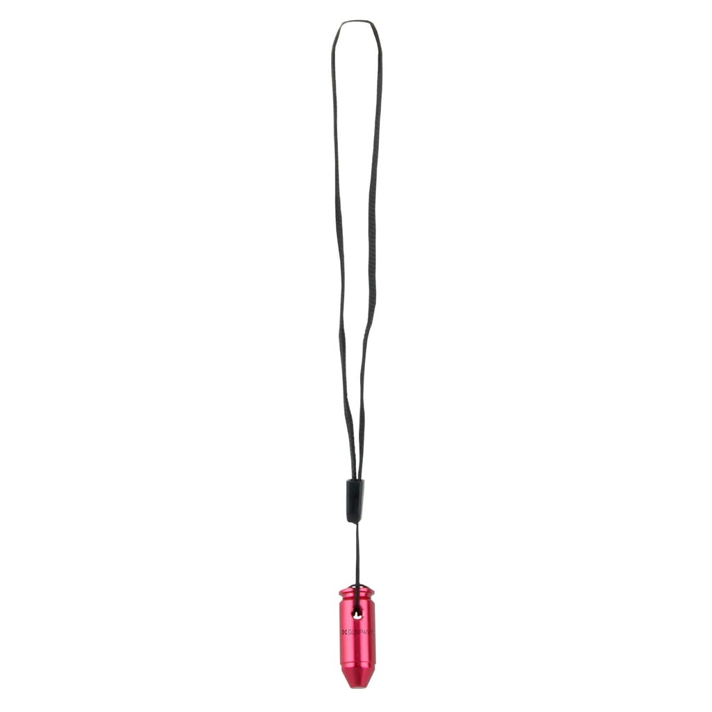 Red pen with a black lanyard on a white background