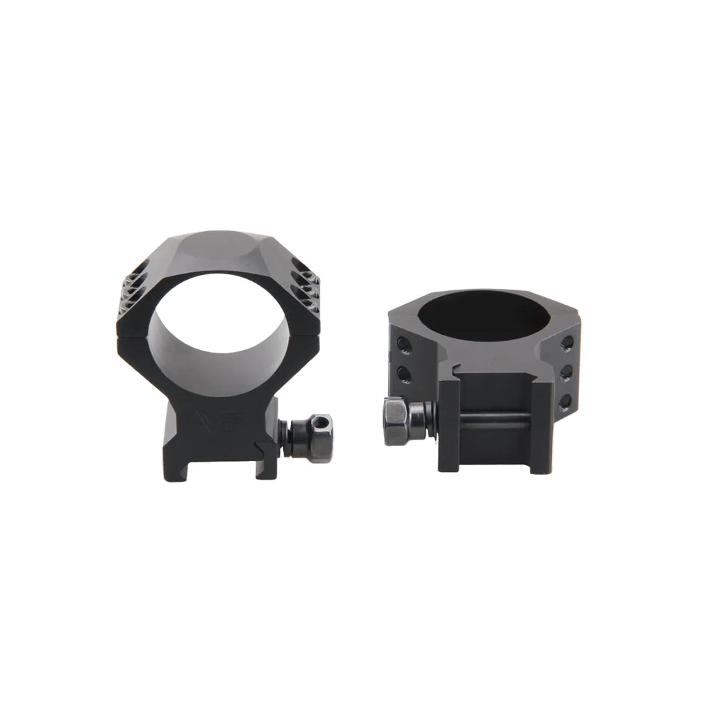 Two black metal ring mounts on a white background