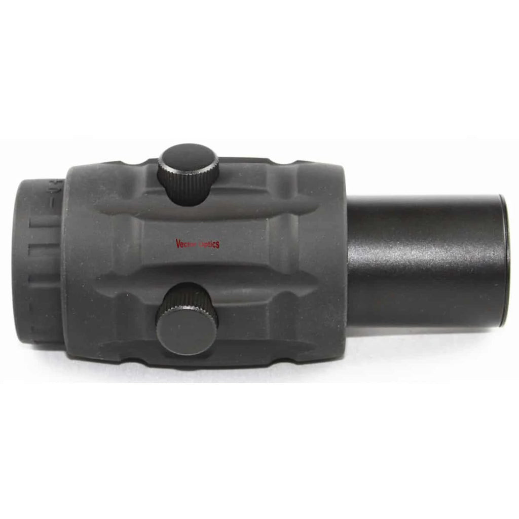 Black tactical scope on a white background