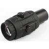 Black tactical flashlight on a white background