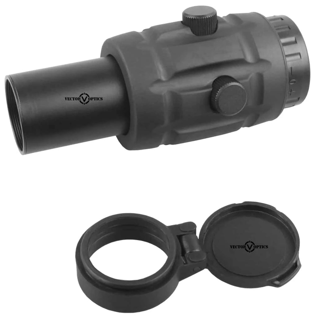 Black Vector Optics scope with cover on a white background