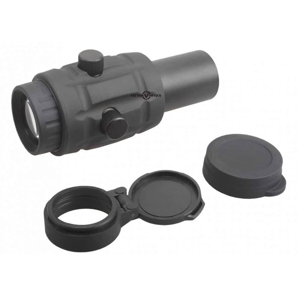 Black tactical scope with two covers on a white background