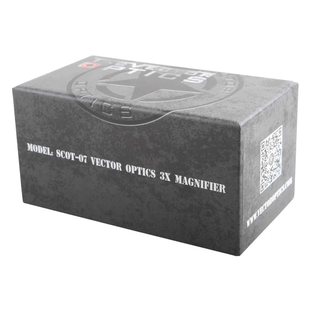 Black box with Vector Optics branding and product details on a white background