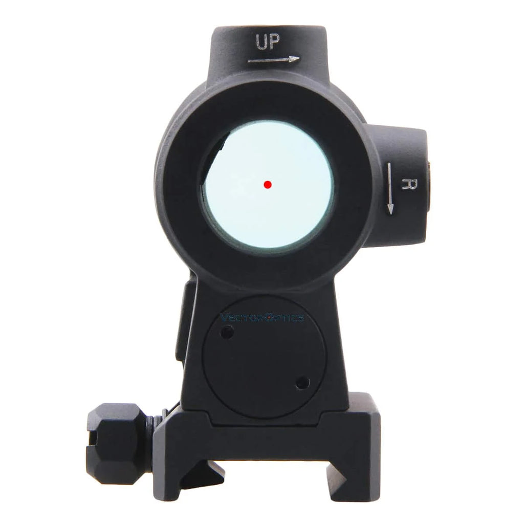 Red dot sight with adjustable features on a white background