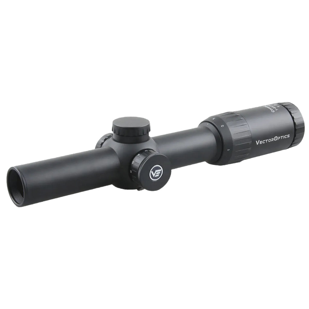 Black rifle scope with Vector Optics branding on a white background