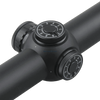 Close-up of a black rifle scope with adjustable dials on a white background