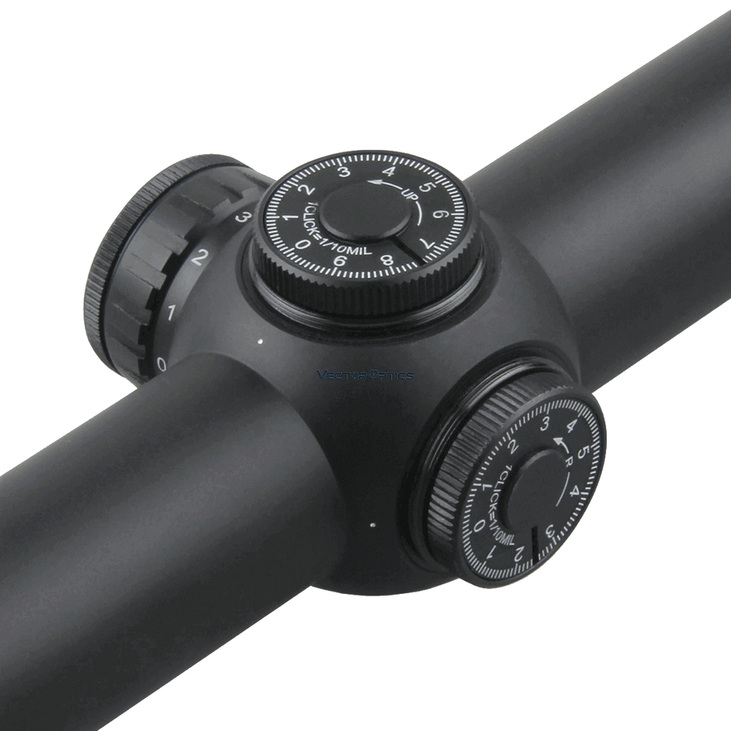 Close-up of a black rifle scope with adjustable dials on a white background