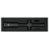 Black rifle scope in a protective black foam-lined box on a white background