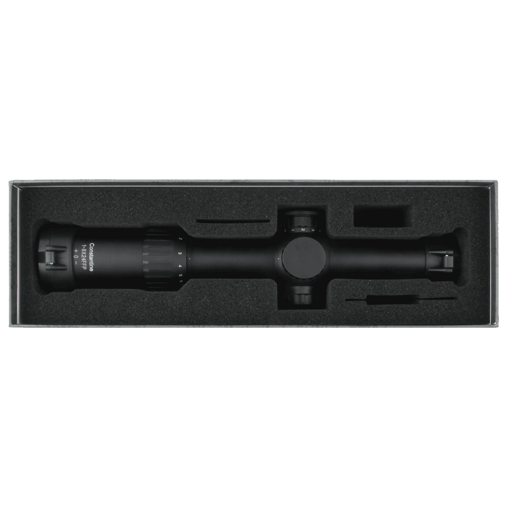Black rifle scope in a protective black foam-lined box on a white background