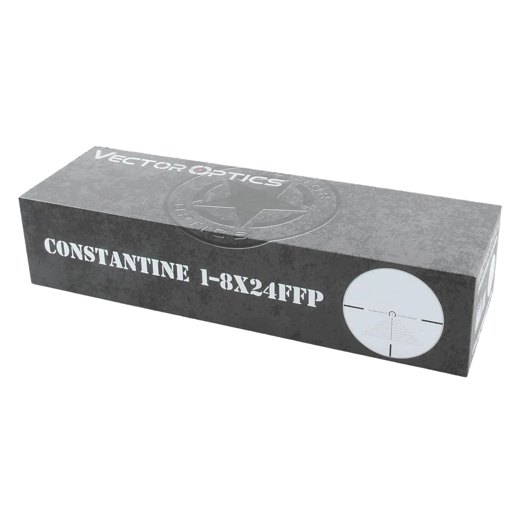 Vector Optics Constantine 1-8X24FFP box on a white background