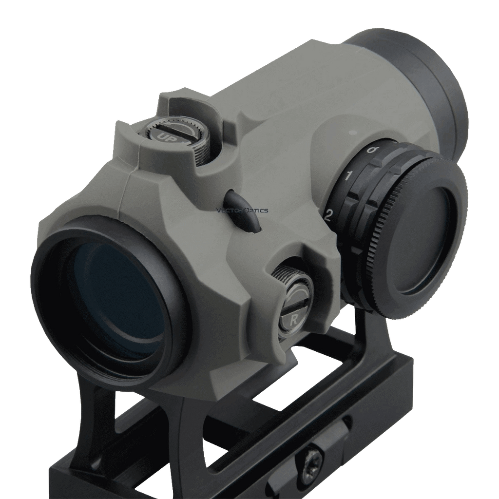 Tactical scope with adjustable knobs on a white background