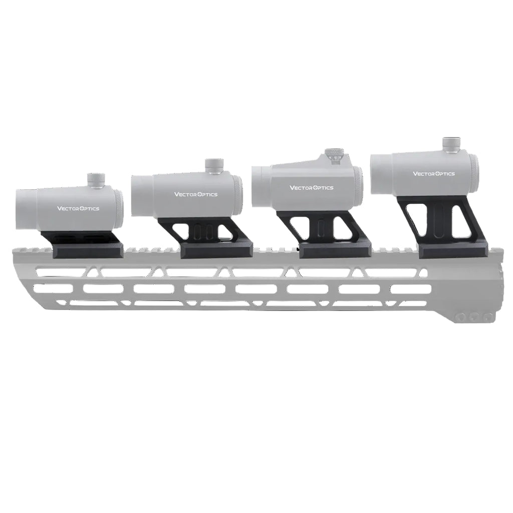Four Vector Dynamics scope mounts with labeled spacing on a white background