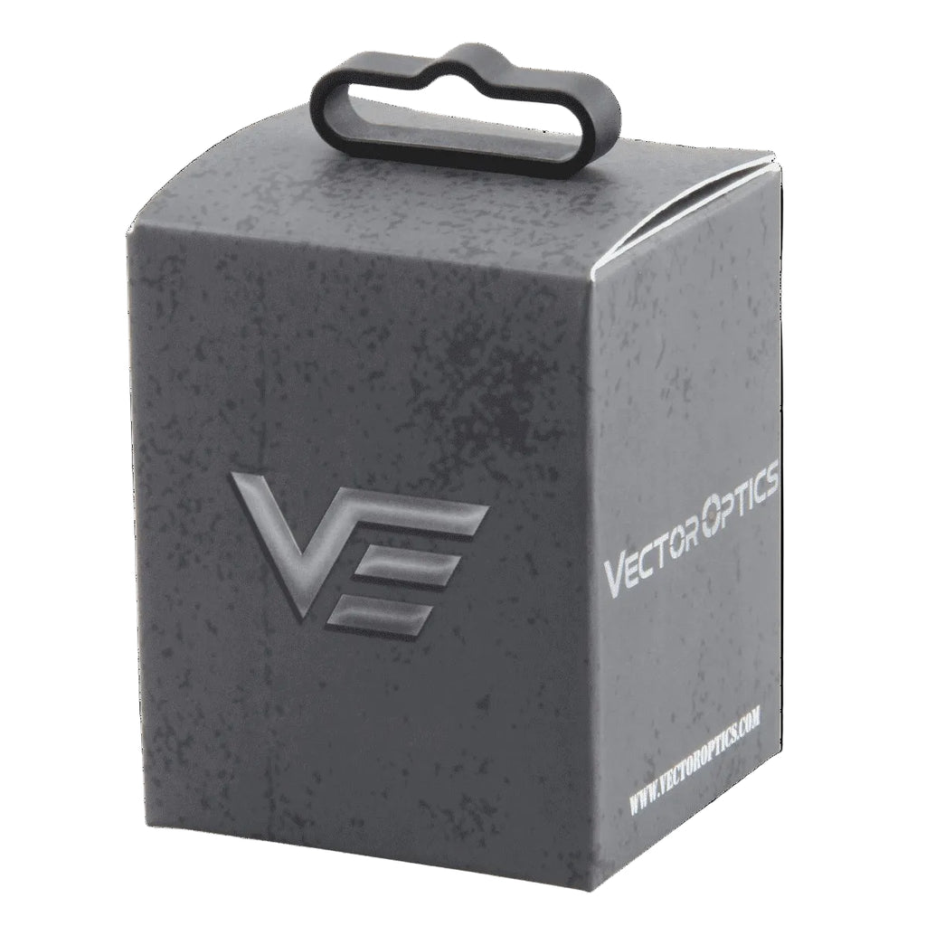 Gray packaging box with Vector Optics logo on a white background