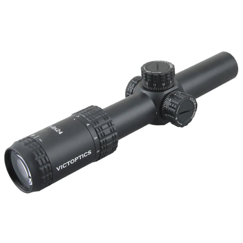Black Victoptics rifle scope on a white background