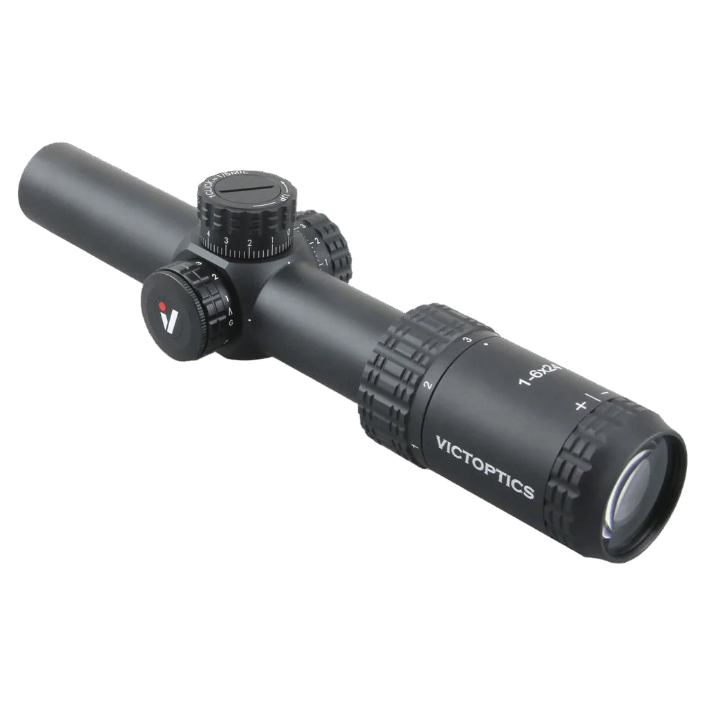 Black Victoptics rifle scope on a white background